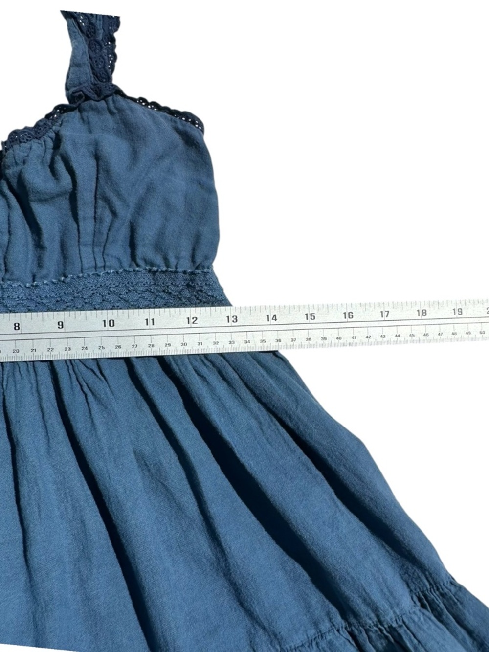 Boho Blue Tiered Babydoll Dress Crochet Lace Trim Smocked Mini Small - Picture 5 of 6